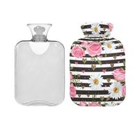 Bolsa de agua caliente con diseño de margaritas rosas a rayas blancas y negras con funda suave, bolsa de agua caliente de invierno de 1 litro, bolsa de agua caliente para calambres menstruales,