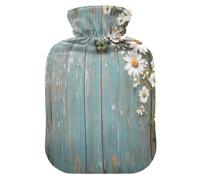 Bolsa de agua caliente con diseño de margaritas sobre madera, con funda de forro polar suave, bolsa de agua caliente para aliviar el dolor de cuello y hombros, terapias frías y calientes, talla L
