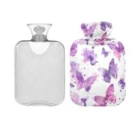 Bolsa de agua caliente con diseño de mariposas moradas de acuarela con funda, 2 litros, bonitas bolsas de agua caliente para calambres menstruales, cuello, hombros, alivio del dolor de espalda,
