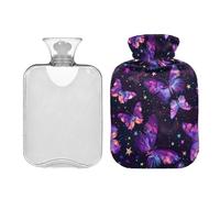 Bolsa de agua caliente con diseño de mariposas y estrellas moradas con bonita funda de 2 litros, bonitas bolsas de agua caliente para calambres menstruales, cuello, hombros y alivio del dolor de