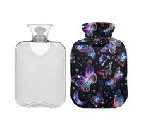Bolsa de agua caliente con diseño de mariposas y lunas de neón con funda suave, bolsa de agua caliente reutilizable de 1 litro, bolsa de agua caliente para aliviar el dolor de cuello, hombros y
