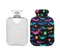 Bolsa de agua caliente con diseño de murciélagos de neón de Halloween con tapa, bolsa de agua caliente de invierno de 2 litros para calambres menstruales, alivio del dolor de cuello y hombros,