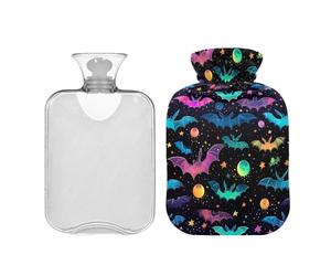 Bolsa de agua caliente con diseño de murciélagos de neón de Halloween con tapa, bolsa de agua caliente de invierno de 2 litros para calambres menstruales, alivio del dolor de cuello y hombros,