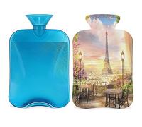 Bolsa de agua caliente con diseño de paisaje de París con funda esponjosa, 2 l, gran capacidad, impresión de París, bolsa de agua para noches acogedoras, alivio del dolor, espalda, cuello y hombros