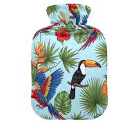 Bolsa de agua caliente con diseño de pájaros tropicales de la selva, hojas de palma, con pies de cubierta suave y calentador de cama, bolsa de agua caliente para cuello, hombros y calambres