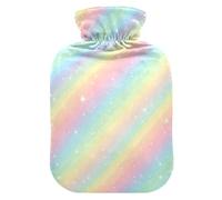 Bolsa de agua caliente con diseño de rayas arcoíris pastel con funda de terciopelo suave, bolsa de agua caliente para calambres menstruales, tamaño mediano