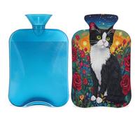 Bolsa de agua caliente con diseño de rosas rojas con tapa, pintura al óleo de gato, bolsa de agua caliente de 2 litros para aliviar el dolor, cuello y hombros, calentador de manos y pies