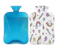 Bolsa de agua caliente con diseño de unicornio y corazón arcoíris con funda esponjosa, 2 litros, botella de unicornio de gran capacidad, bolsa de agua para noches acogedoras, alivio del dolor,