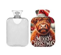 Bolsa de agua caliente con diseño de vaca escocesa con sombrero de Papá Noel con funda, bolsa de agua caliente para alivio de calambres menstruales, botellas de agua caliente con fundas de 2 litros