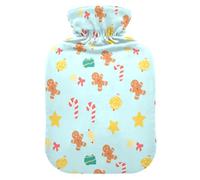 Bolsa de agua caliente con diseño navideño de pan de jengibre y caramelo con funda suave, compresa caliente de 1 litro para calentador de abdomen