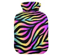 Bolsa de agua caliente con estampado de cebra arcoíris y funda suave y cálida para cama de invierno, cuello y hombros, 2 L