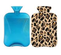 Bolsa de agua caliente con estampado de leopardo con funda esponjosa, 2 L, botella de jirafa de leopardo de gran capacidad, bolsa de agua para noches acogedoras, alivio del dolor, espalda, cuello y