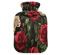 Bolsa de agua caliente con estampado de leopardo y rosas rojas (1) con funda de forro polar suave, bolsa de agua caliente para aliviar el dolor de cuello y hombros, terapias frías y calientes, talla S