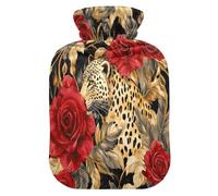 Bolsa de agua caliente con estampado de leopardo y rosas rojas con funda de forro polar suave, bolsa de agua caliente para aliviar el dolor de cuello y hombros, terapias frías y calientes, talla L
