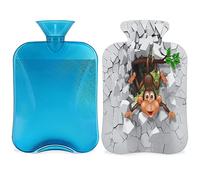 Bolsa de agua caliente con estampado de mono con funda esponjosa, 2 l, gran capacidad, divertida botella de mono bolsa de agua para noches acogedoras, alivio del dolor, espalda, cuello y hombros