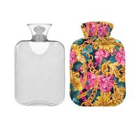 Bolsa de agua caliente con funda, bolsa de agua caliente de 1 litro para calambres menstruales, cuello, hombros, alivio del dolor de espalda, calentadores de manos y pies, cadenas doradas, flores