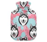 Bolsa de agua caliente con funda de terciopelo suave para aliviar el dolor, diseño de perro Husky, color negro y blanco