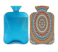 Bolsa de agua caliente con funda esponjosa, 2 l, gran capacidad, botella de mandala vintage, bolsa de agua para noches acogedoras, alivio del dolor, espalda, cuello y hombros