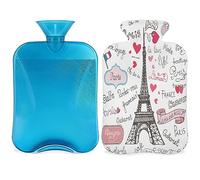 Bolsa de agua caliente con funda esponjosa, 2 l, gran capacidad, diseño de la Torre Eiffel de París, bolsa de agua para noches acogedoras, alivio del dolor de espalda, cuello y hombros
