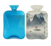 Bolsa de agua caliente con funda esponjosa, 2 l, gran capacidad, diseño de paisaje japonés, bolsa de agua para noches acogedoras, alivio del dolor, espalda, cuello y hombros
