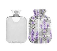 Bolsa de agua caliente con funda, flores de lavanda sobre cuadros grises, bolsa de agua caliente de invierno, bolsa de agua caliente extraíble para alivio del dolor, calentador de cama, 2 litros