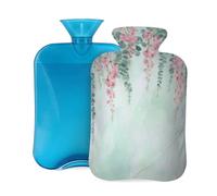 Bolsa de agua caliente con funda suave, flores rosas colgantes y hojas de eucalipto verde, bolsa de agua caliente de 2 litros para aliviar el dolor, calentador de manos y pies