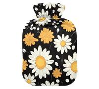 Bolsa de agua caliente con pies de cubierta suave y calentador de cama, bonita margarita negra, bolsa de agua caliente para calambres menstruales, tamaño mediano