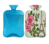 Bolsa de agua caliente con postal de París con funda esponjosa, 2 l, gran capacidad, botella vintage de París, bolsa de agua para noches acogedoras, alivio del dolor, espalda, cuello y hombros