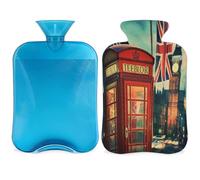 Bolsa de agua caliente con tapa, diseño de bandera británica con funda, bolsa de agua caliente vintage Big Ben de 2 L para aliviar el dolor, cuello suave y hombros, calentador de pies y manos