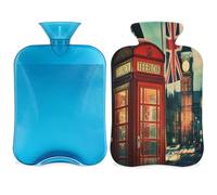 Bolsa de agua caliente con tapa, diseño de bandera británica con tapa, bolsa de agua caliente vintage de Londres Big Ben de 2 litros para aliviar el dolor, cuello y hombros, manos y pies, caliente y