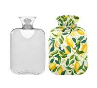 Bolsa de agua caliente con tapa, diseño de limones amarillos, flores blancas, bolsas de agua caliente transparentes de 2 litros para aliviar el dolor de cuello, hombros y piernas, calambres