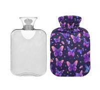 Bolsa de agua caliente con tapa, diseño de mariposas moradas, bonitas bolsas de agua caliente, bolsa de compresión caliente para aliviar el dolor, compresa fría y caliente, 1 litro