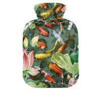 Bolsa de agua caliente con tapa, pintura de peces de flores de 2 l, bolsa de agua caliente a prueba de fugas para calentador de manos, pies, cuello, hombros, espalda, alivio del dolor muscular,