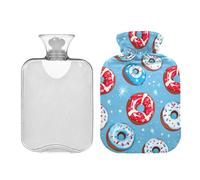 Bolsa de agua caliente con tapa suave con donas blancas, rojas y azules, bolsa de agua caliente reutilizable para aliviar el dolor, manos y pies, terapia caliente, 2 litros