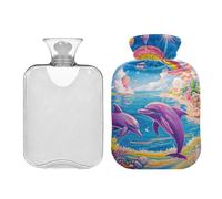 Bolsa de agua caliente de delfines y arco iris con funda suave, bolsa de agua caliente de 2 litros para aliviar el dolor de cuello y hombros, calentador de manos y pies