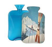 Bolsa de agua caliente de goma con cubierta suave, bolsa de agua caliente Skis Snow Mountain 2L para aliviar el dolor, terapia de frío y calor