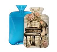Bolsa de agua caliente de goma con cubierta suave, diseño vintage de música de piano de 2 L, bolsa de agua caliente para aliviar el dolor, terapia de frío y calor