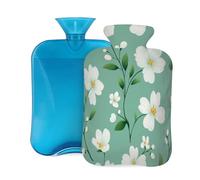 Bolsa de agua caliente de goma con cubierta suave, flores blancas, bolsa de agua caliente de 2 L para aliviar el dolor, terapia de frío y calor