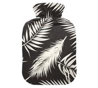 Bolsa de agua caliente de hojas blancas de color negro con cubierta suave, bolsa de compresión caliente de 2 L para aliviar el dolor