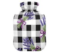 Bolsa de agua caliente de lavanda a cuadros negros y blancos con funda suave, bolsa de agua caliente para calentador de pies y alivio del dolor, pequeña