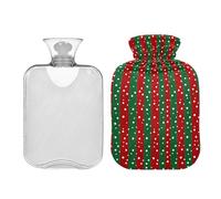 Bolsa de agua caliente de Navidad con rayas rojas y verdes con puntos blancos, bolsa de agua caliente transparente de 2 litros, bolsa de compresión cálida para alivio del dolor de cuello, hombros y
