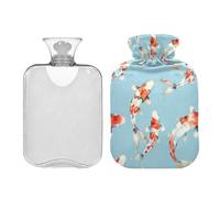 Bolsa de agua caliente de pescado azul cielo y rojo con bonita funda, bolsa de agua caliente de invierno de 1 litro para calambres menstruales, alivio del dolor de cuello y hombros, calentadores de