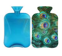 Bolsa de agua caliente de plumas de pavo real con funda esponjosa, 2 L, botella de pavo real, bolsa de agua para noches acogedoras, alivio del dolor, espalda, cuello y hombros
