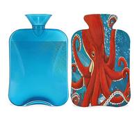 Bolsa de agua caliente de pulpo con funda esponjosa, 2 l, gran capacidad, botella de pulpo rojo, bolsa de agua para noches acogedoras, alivio del dolor, espalda, cuello y hombros