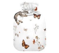 Bolsa de agua caliente de viaje con diseño de flores de ardilla con funda suave, bolsa calentadora de 1 litro para calambres menstruales