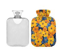 Bolsa de agua caliente floral azul y amarilla con funda, bolsa de agua caliente duradera de 2 litros para calambres menstruales, alivio del dolor de cuello y hombros, calentador de pies y manos