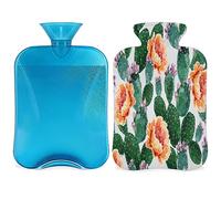 Bolsa de agua caliente floral de verano con funda esponjosa, 2 L, botella de cactus tropical, bolsa de agua para noches acogedoras, alivio del dolor, espalda, cuello y hombros