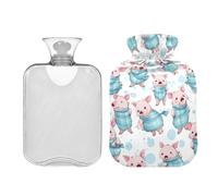 Bolsa de agua caliente grande de 1 litro con cubierta suave, lindos cerdos rosas con bufandas azules, bolsa de agua caliente de invierno para terapia de frío y calor, alivio del dolor de cuello,