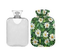 Bolsa de agua caliente grande de 2 litros con funda, margaritas blancas, hojas verdes, bolsa de agua caliente para terapia de manos, pies, calor, cuello, hombros y piernas, calambres menstruales