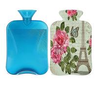 Bolsa de agua caliente retro de París con funda esponjosa, 2 l, botella de postal de París, bolsa de agua para noches acogedoras, alivio del dolor, espalda, cuello y hombros